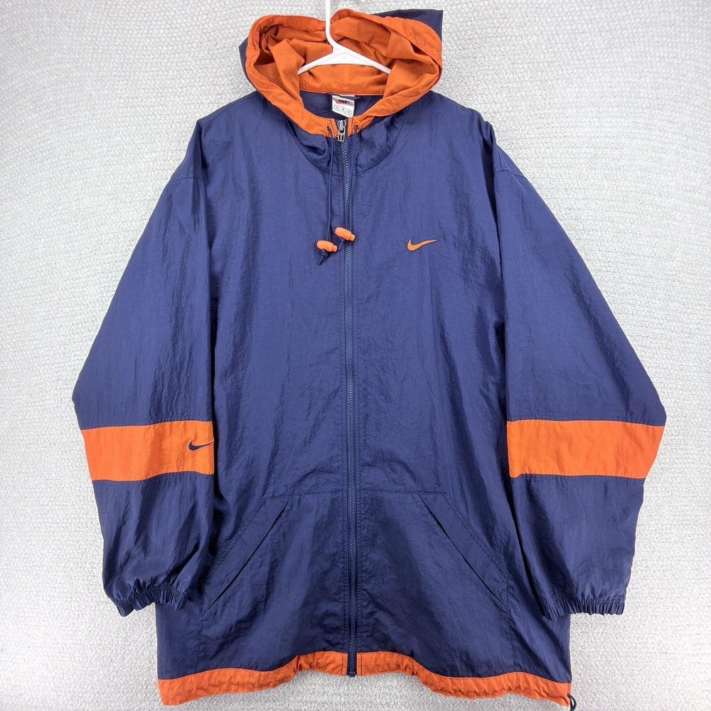 Vintage 90s Nike Windbreaker Jacket Mens‎ L Navy Orange Big Swoosh Hooded